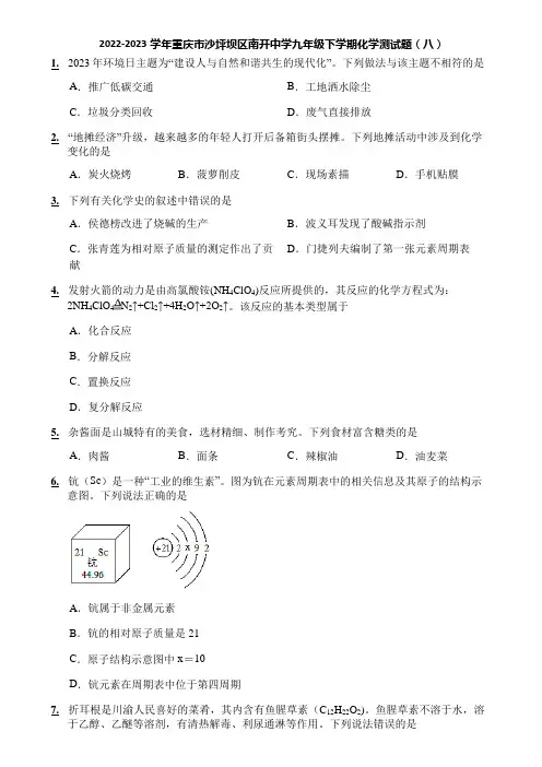2022-2023学年重庆市沙坪坝区南开中学九年级下学期化学测试题(八)