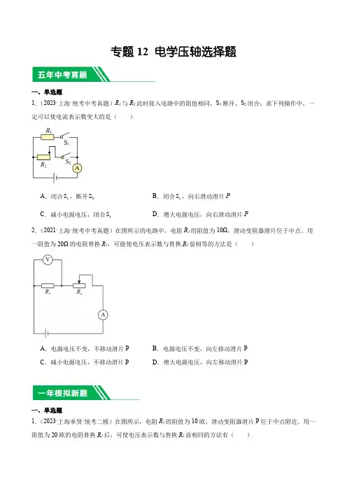 上海市(2019-2023)中考物理分项汇编专题12 电学压轴选择题含详解