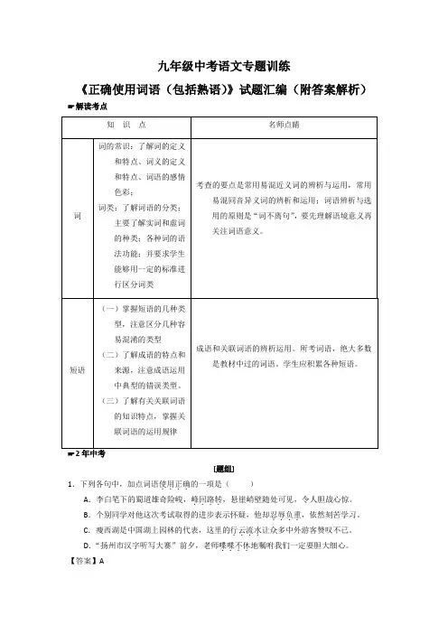九年级中考语文专题训练《正确使用词语(包括熟语)》试题汇编(附答案解析)