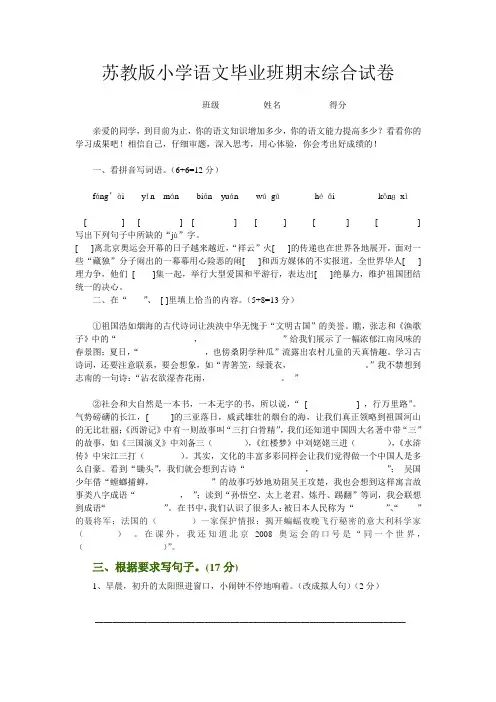 苏教版小学语文毕业班期末综合试卷