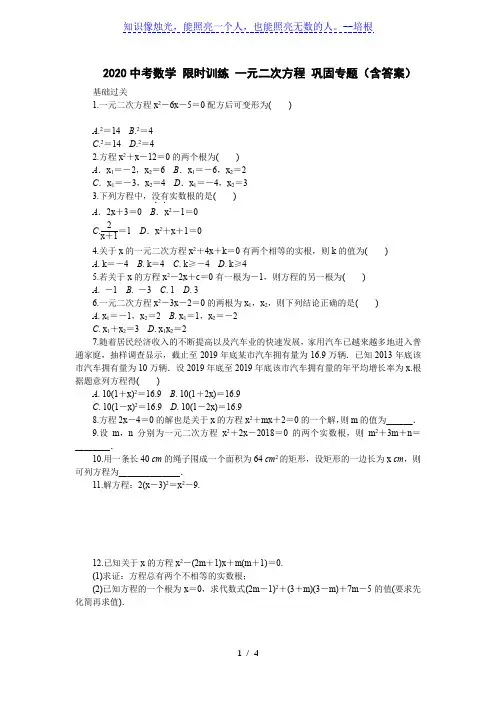 2020中考数学 限时训练 一元二次方程 巩固专题(含答案)
