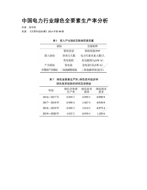 中国电力行业绿色全要素生产率分析