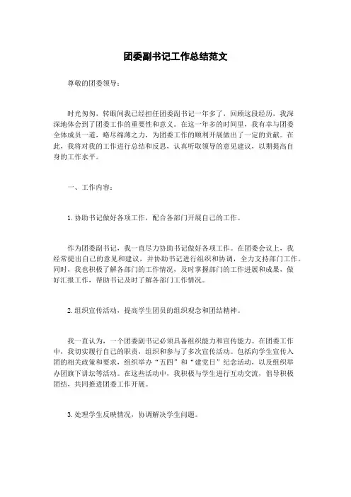 团委副书记工作总结范文
