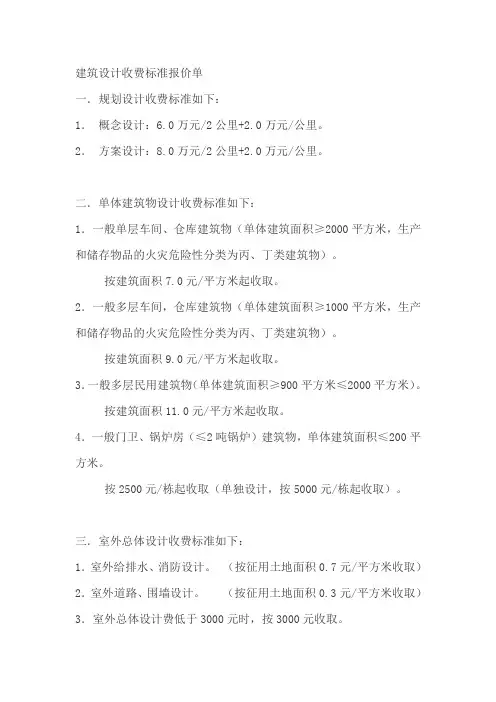 建筑设计收费标准报价单