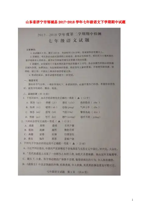 山东省济宁市邹城县七年级语文下学期期中试题(扫描版)