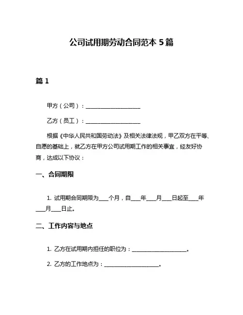 公司试用期劳动合同范本5篇