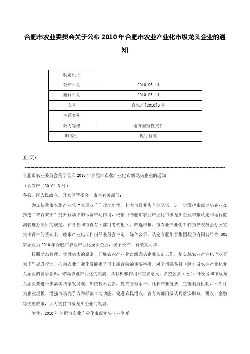 合肥市农业委员会关于公布2010年合肥市农业产业化市级龙头企业的通知-合农产[2010]3号