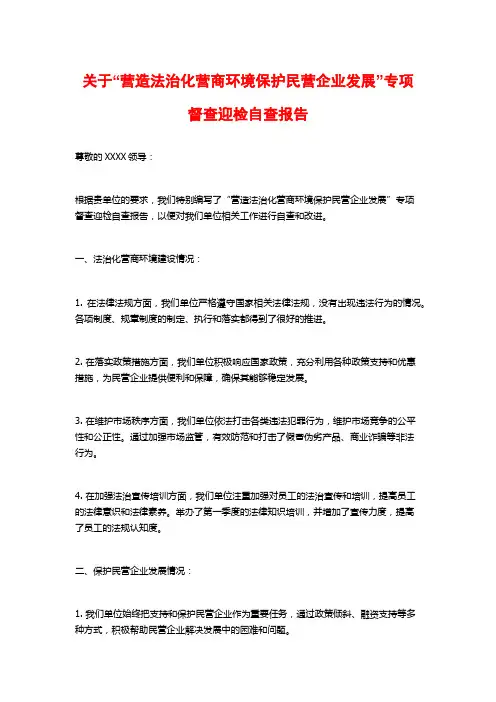 关于“营造法治化营商环境保护民营企业发展”专项督查迎检自查报告
