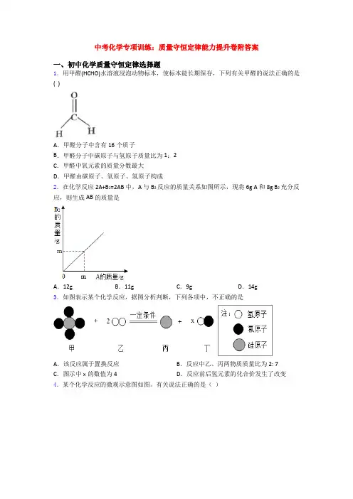中考化学专项训练：质量守恒定律能力提升卷附答案