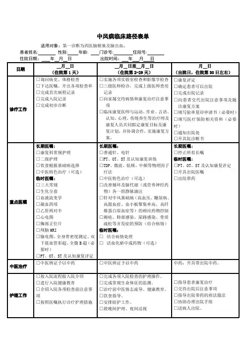 中风病临床路径表单