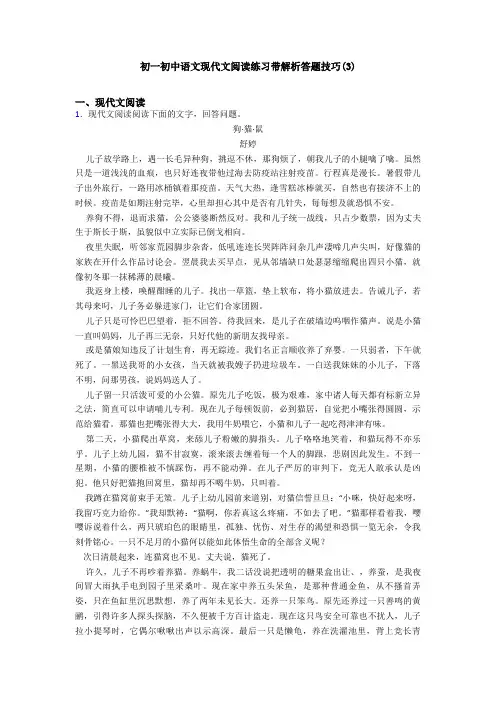 初一初中语文现代文阅读练习带解析答题技巧(3)