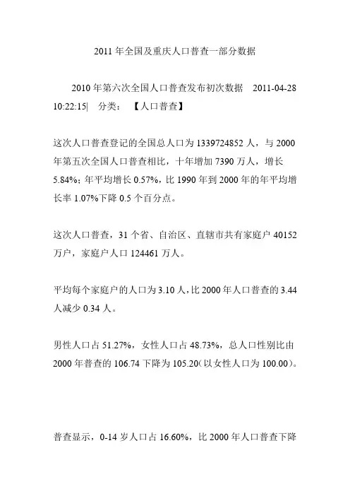 2011年全国及重庆人口普查一部分数据