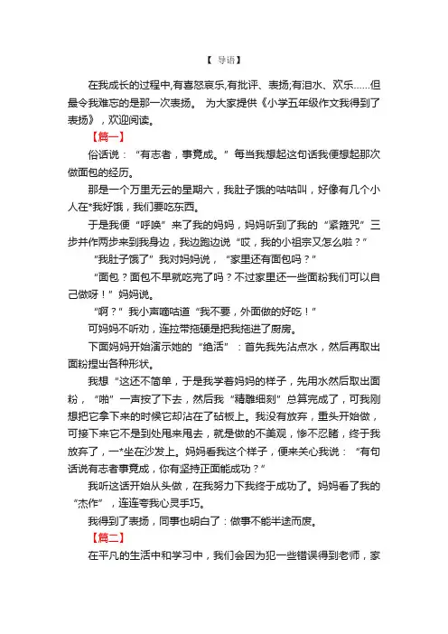 小学五年级作文我得到了表扬