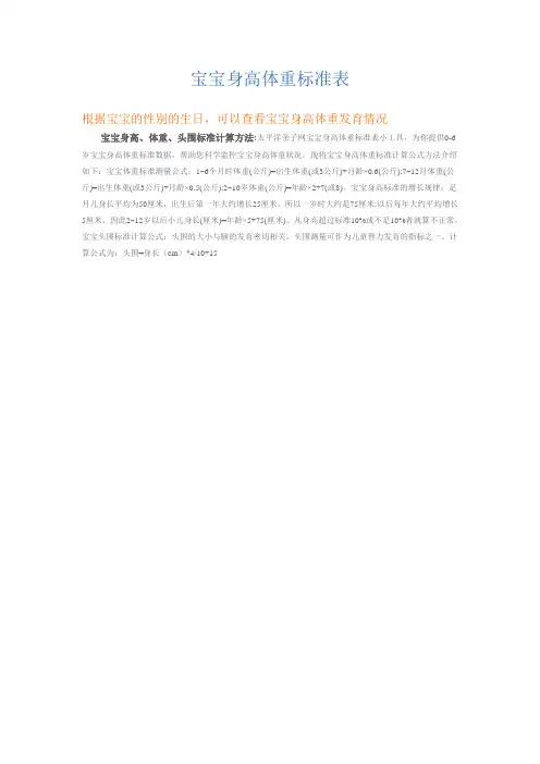 宝宝身高体重标准表