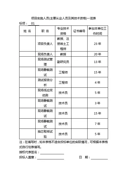 项目实施人员(主要从业人员及其技术资格)一览表