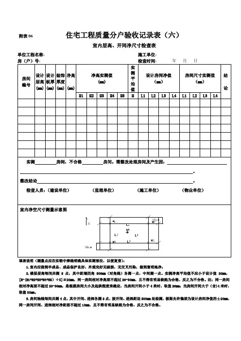 住宅工程质量分户验收记录表(室内层高、开间净尺寸)
