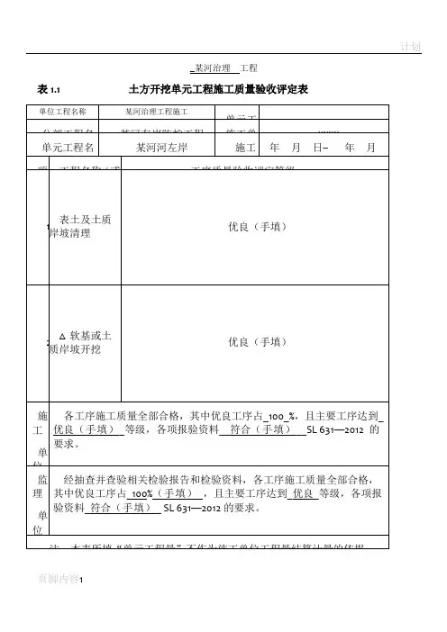 土方开挖单元工程施工质量验收评定表