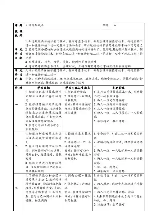 足球简单战术单元教学计划-2022-2023学年高一上学期体育与健康人教版必修第一册