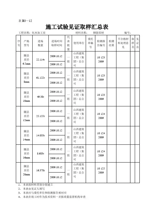 施工试验见证取样汇总表