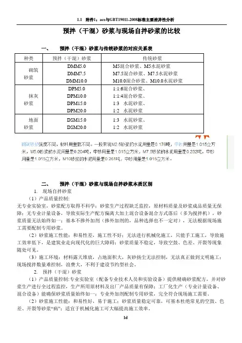 预拌砂浆对应表