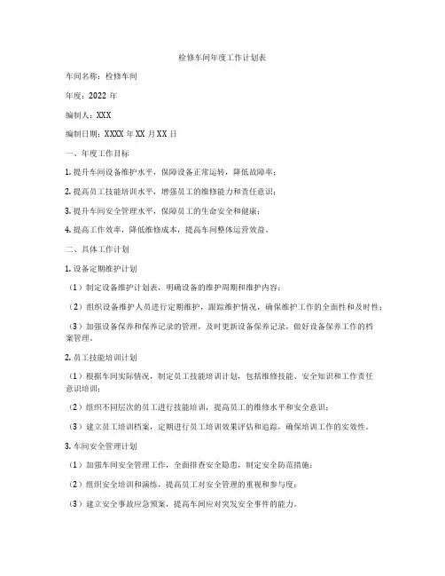 检修车间年度工作计划表