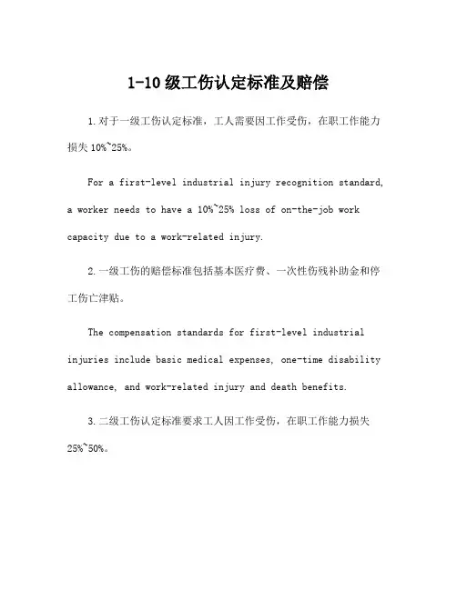 1-10级工伤认定标准及赔偿
