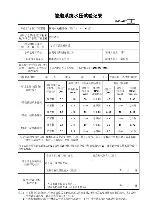 建筑设备安装自动喷水灭火系统-管道系统水压试验记录