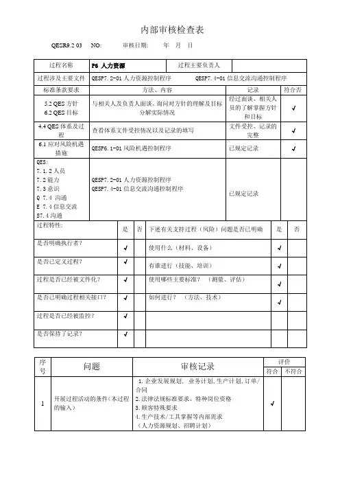 企业人力资源内部审核检查表