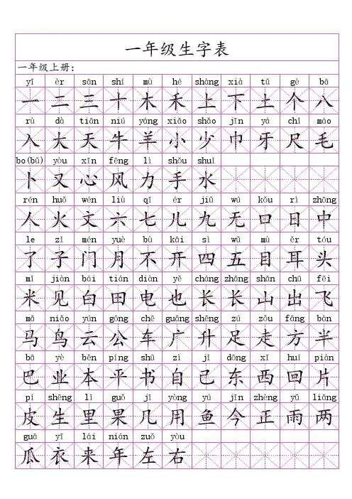 一年级上下册生字表+拼音+米字格+练字