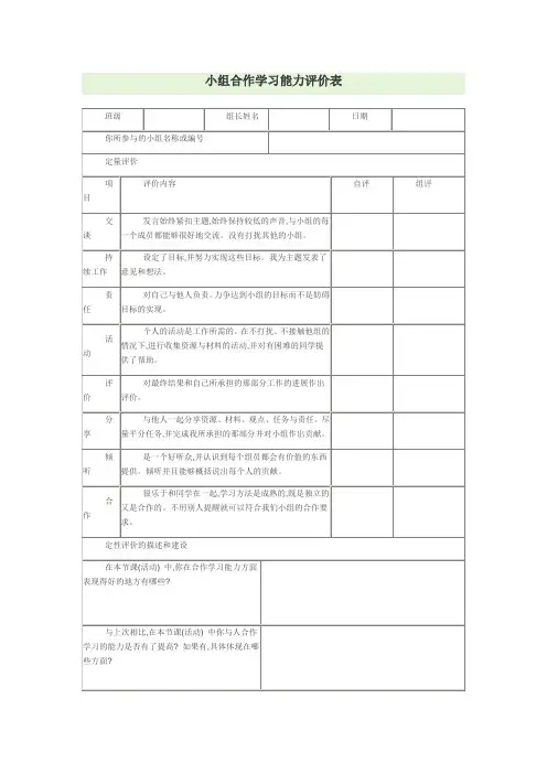 小组合作学习能力评价表
