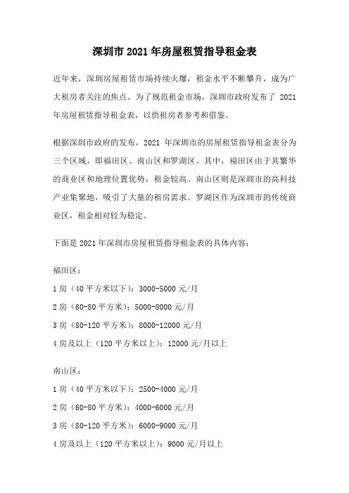 深圳市2021年房屋租赁指导租金表