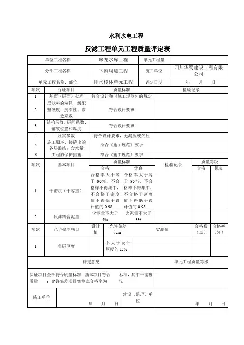 表7.11反滤料单元工程评定表