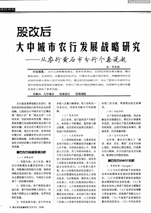 股改后大中城市农行发展战略研究——从农行黄石市分行个案说起