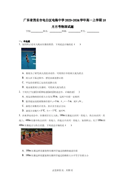 广东省茂名市电白区电海中学2023-2024学年高一上学期10月月考物理试题