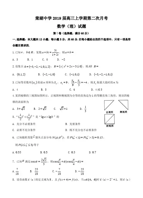四川省棠湖中学2019届高三上学期第二次月考数学(理)试卷(含答案)