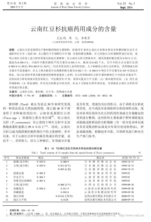 云南红豆杉抗癌药用成分的含量