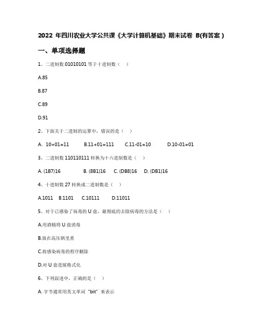 2022年四川农业大学公共课《大学计算机基础》期末试卷B(有答案)