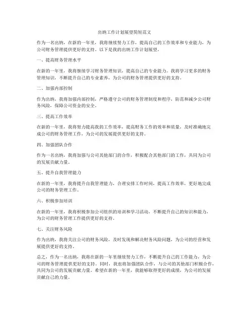 出纳工作计划展望简短范文