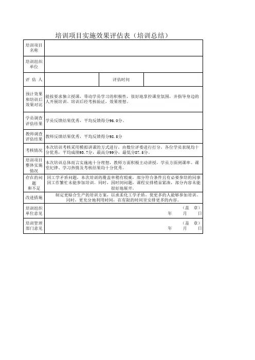 培训项目实施效果评估表(培训总结)