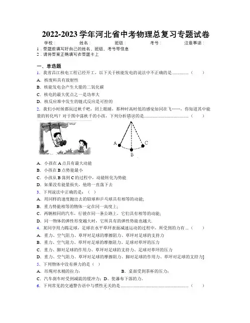 2022-2023学年河北省中考物理总复习专题试卷附解析