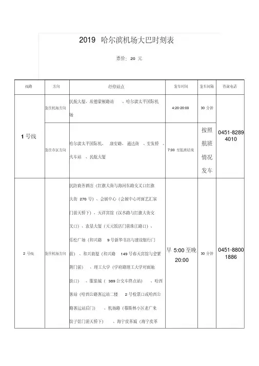 2019哈尔滨机场大巴时刻表(首末班时间、经停站点、票价)