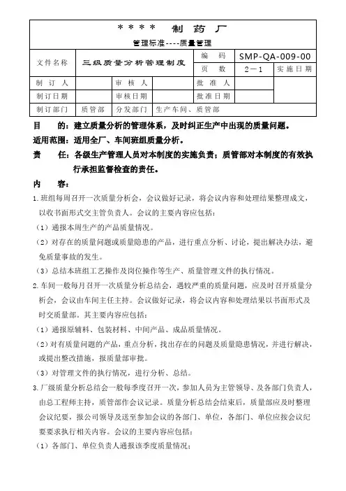 GMP认证全套文件资料009-三级质量分析管理制度