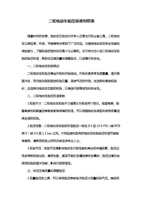 二轮电动车胎压标准对照表