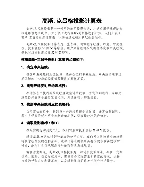 高斯.克吕格投影计算表