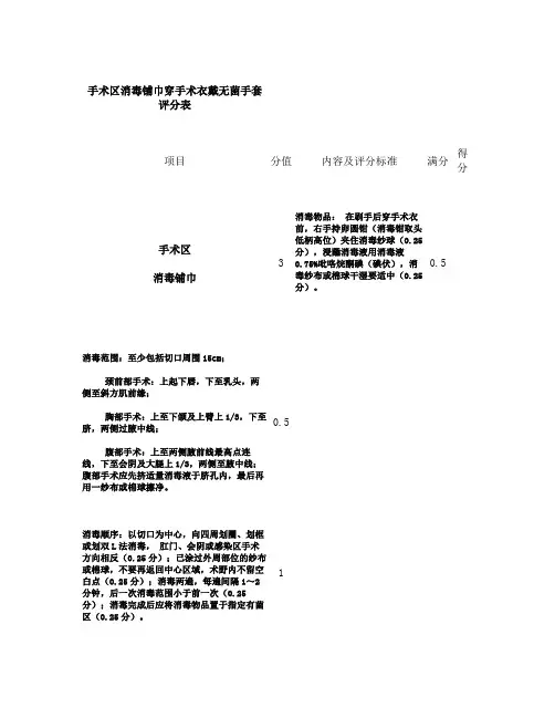 手术区消毒铺巾穿手术衣戴无菌手套评分表.