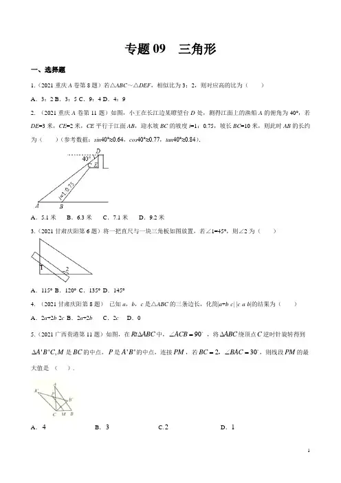 专题09 三角形(第01期)-2021年中考数学试题分项版解析汇编(原卷版)