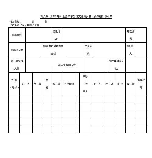 第六届(2012年)全国中学生语文能力竞赛(高中组)报名单