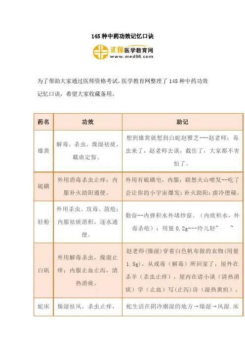 145种中药功效记忆口诀