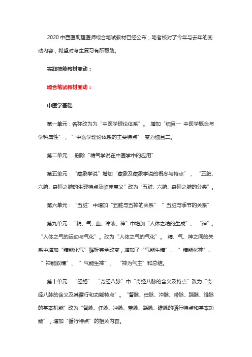 2020中西医助理医师教材笔试部分变化说明