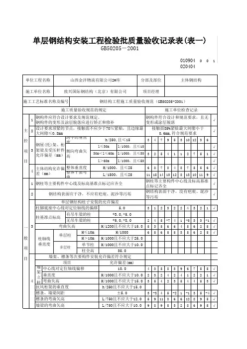 单层钢结构安装工程检验批质量验收记录表(表一)